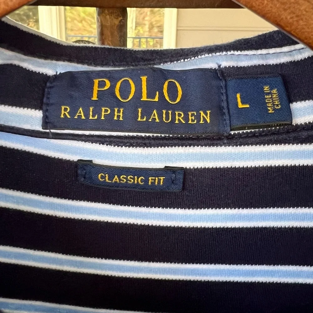 Ralph Lauren Polo Shirt Men's 100% Cotton Navy Baby Blue Stripes Classic Fit L